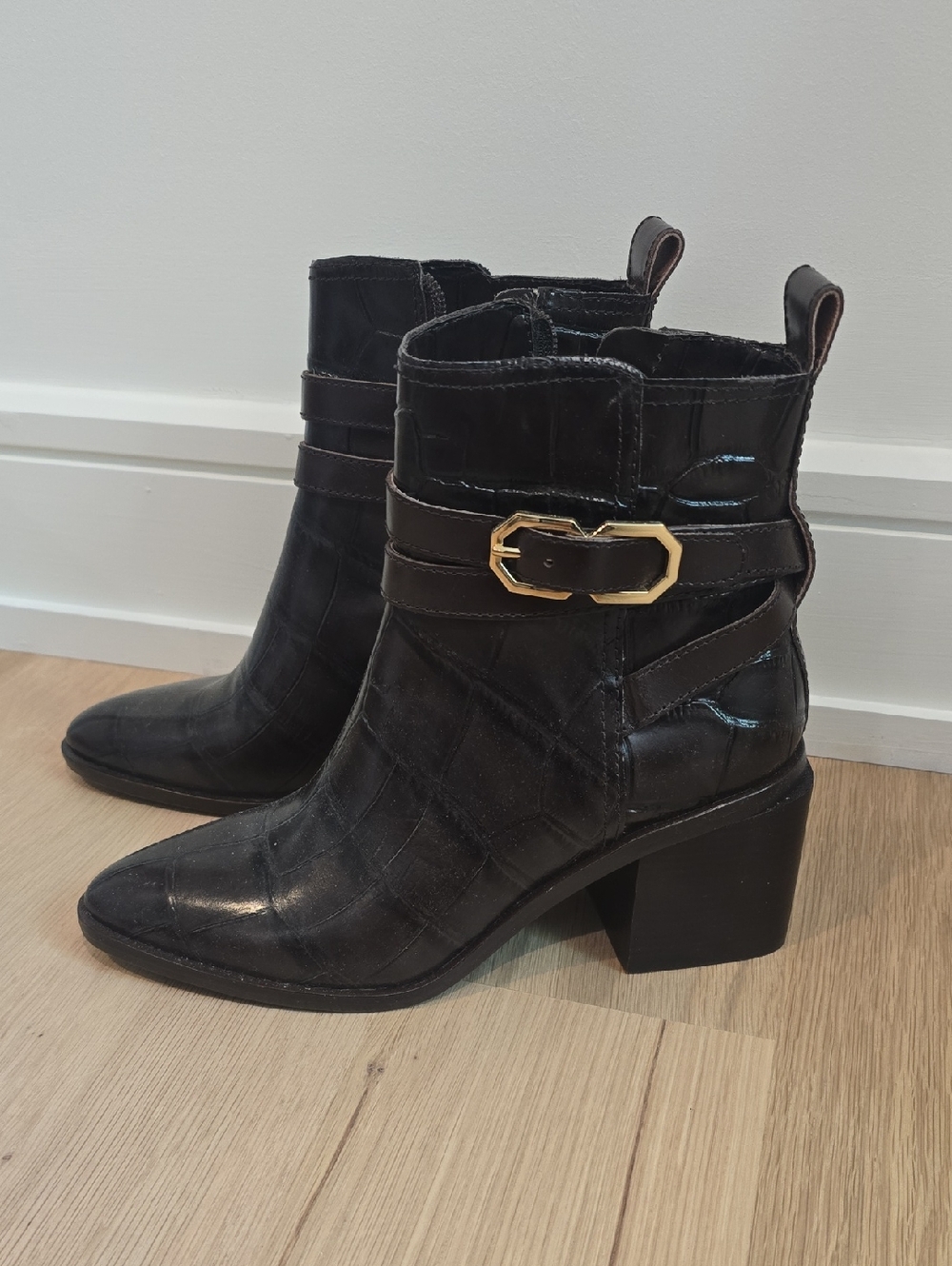 Louise et Cie Black Faux-Croc Ankle Boots with Gold Accent